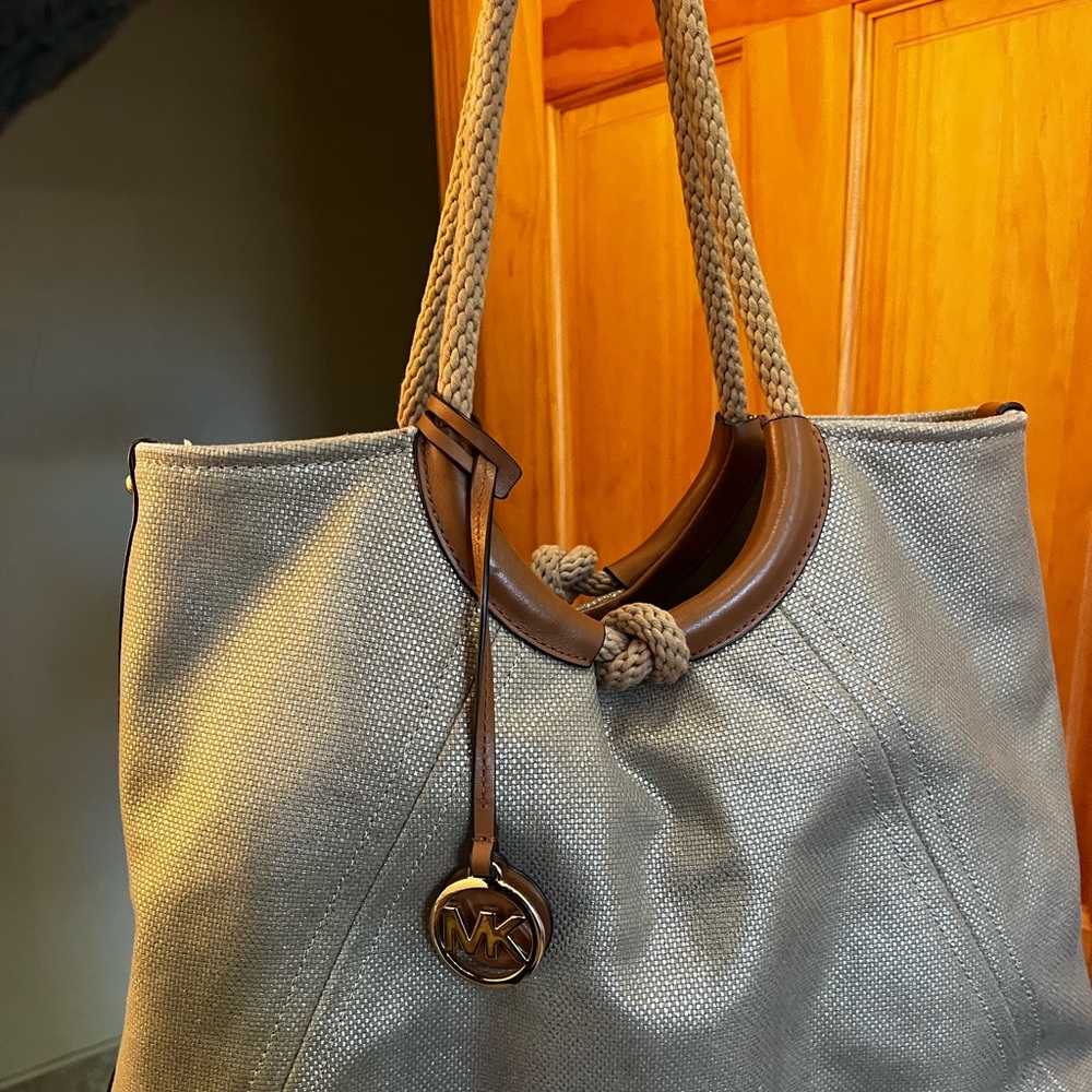 Women's Michael Kors Beige Brown Canvas Rope Handle Tote Bag One Size